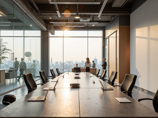 现代办公环境展示，宽敞明亮的会议室，配备先进设备，专业团队正在讨论项目方案，营造积极向上的工作氛围